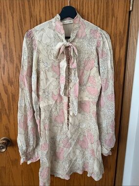Jill Stuart Cream and Pink Floral Tie-Neck Mini Dress